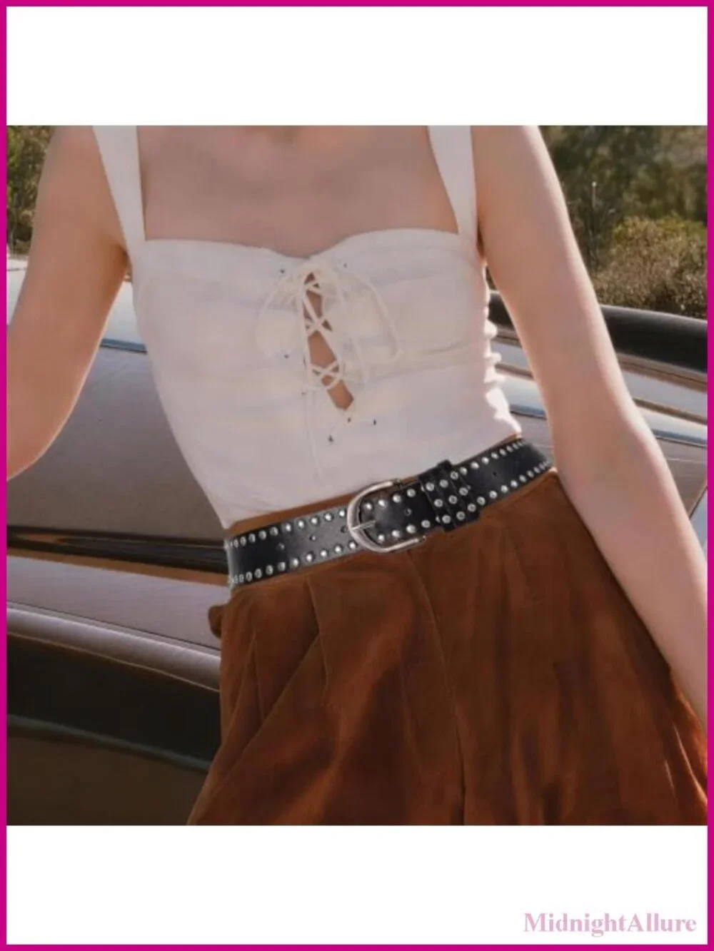 Metal-Accented Leather Belt, Wide Studded Western Waist Belt for Women